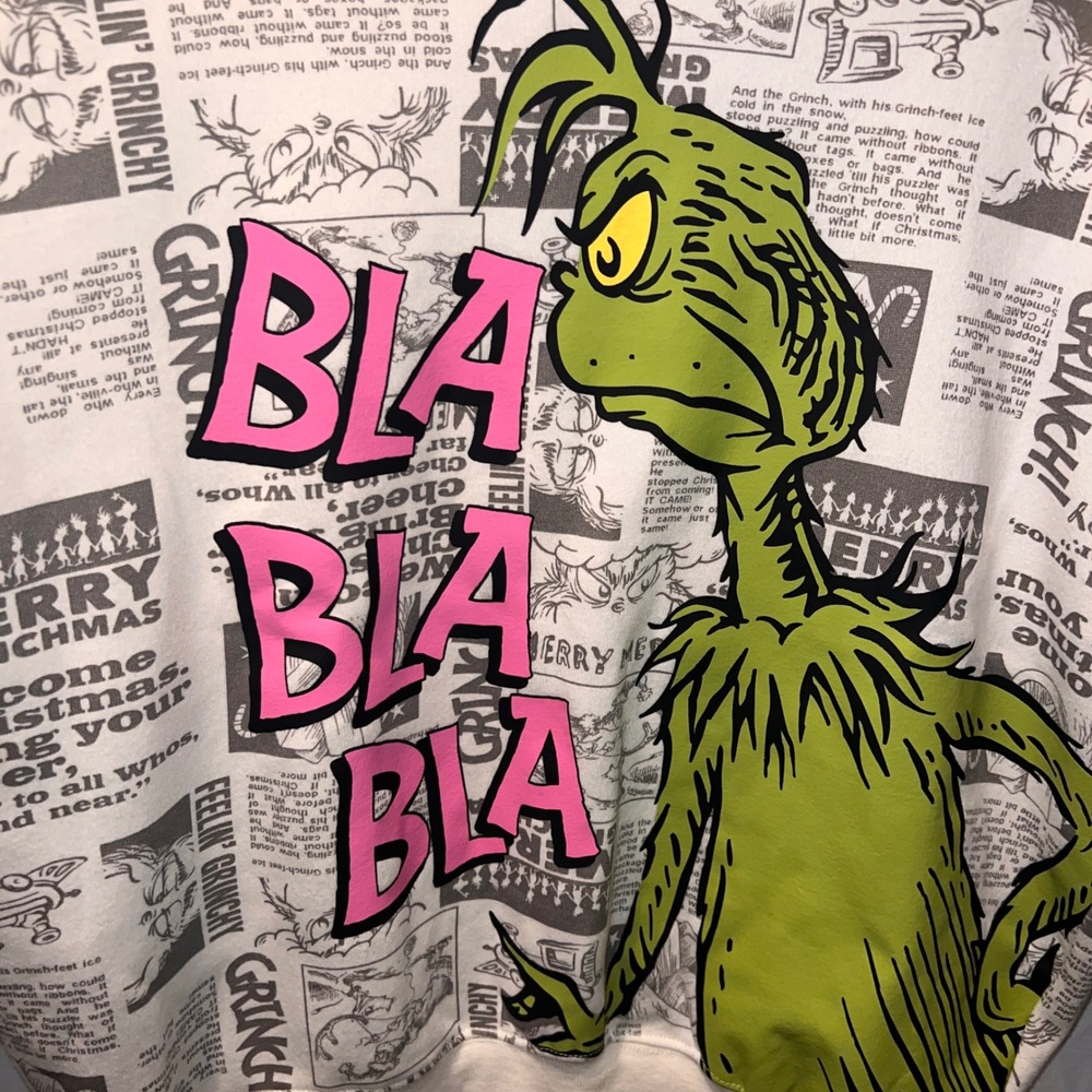 Dr. Seuss The Grinch Newspaper Print Crewneck Sweatshirt XS Bla Bla Bla Graphic